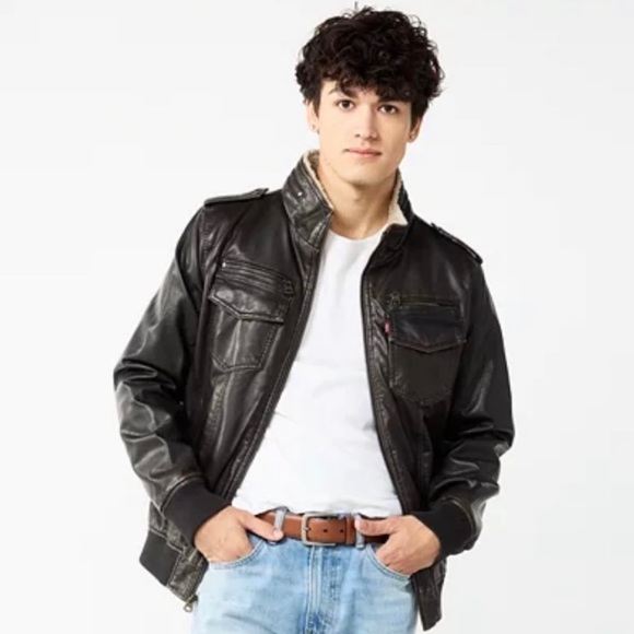 Levi’s Faux Leather Sherpa Lined Aviator Bomber Jacket Size M Brown Faux Leather - Picture 1 of 10